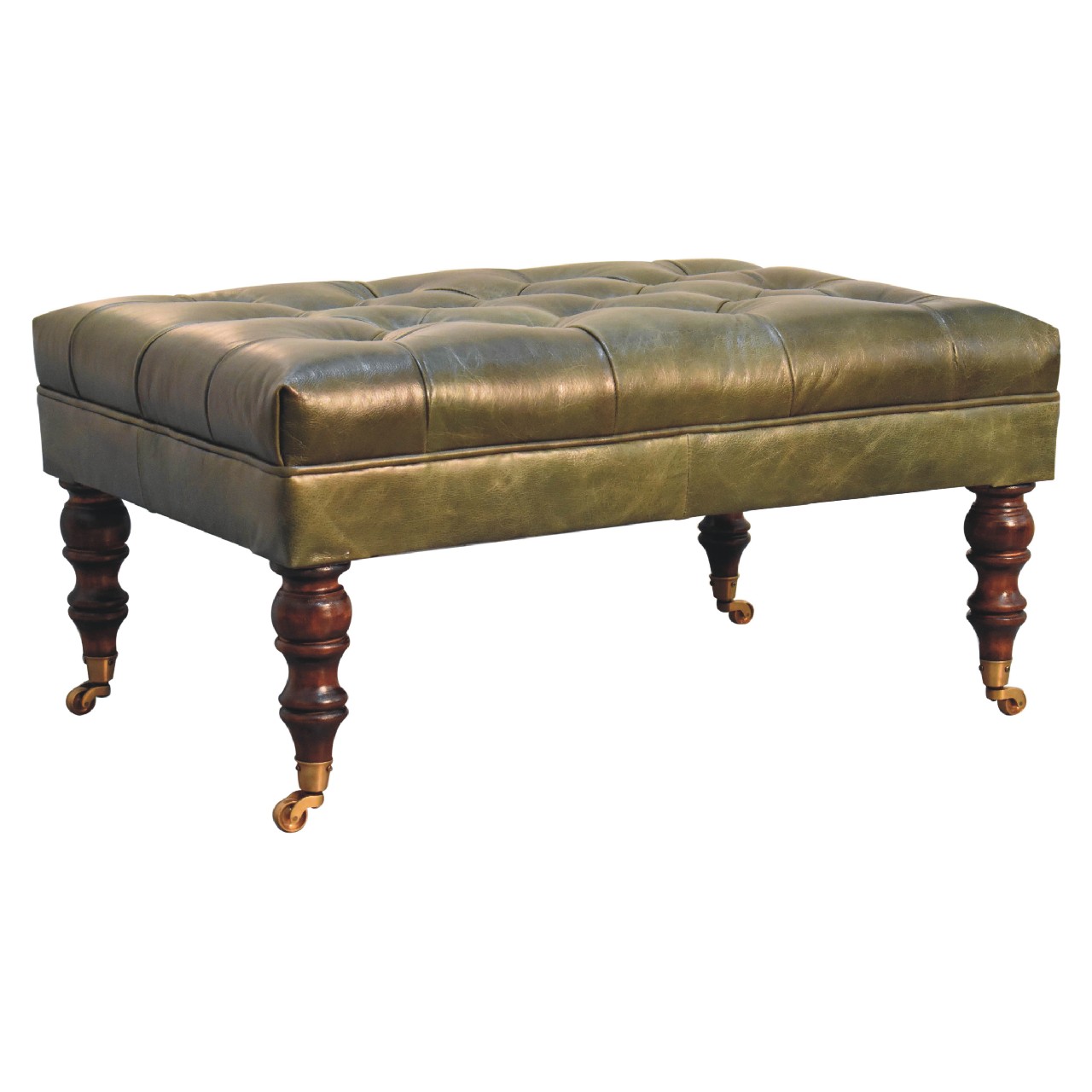 Solid Mango Wood Buffalo Green Leather Ottoman with Castor Legs - Image 3