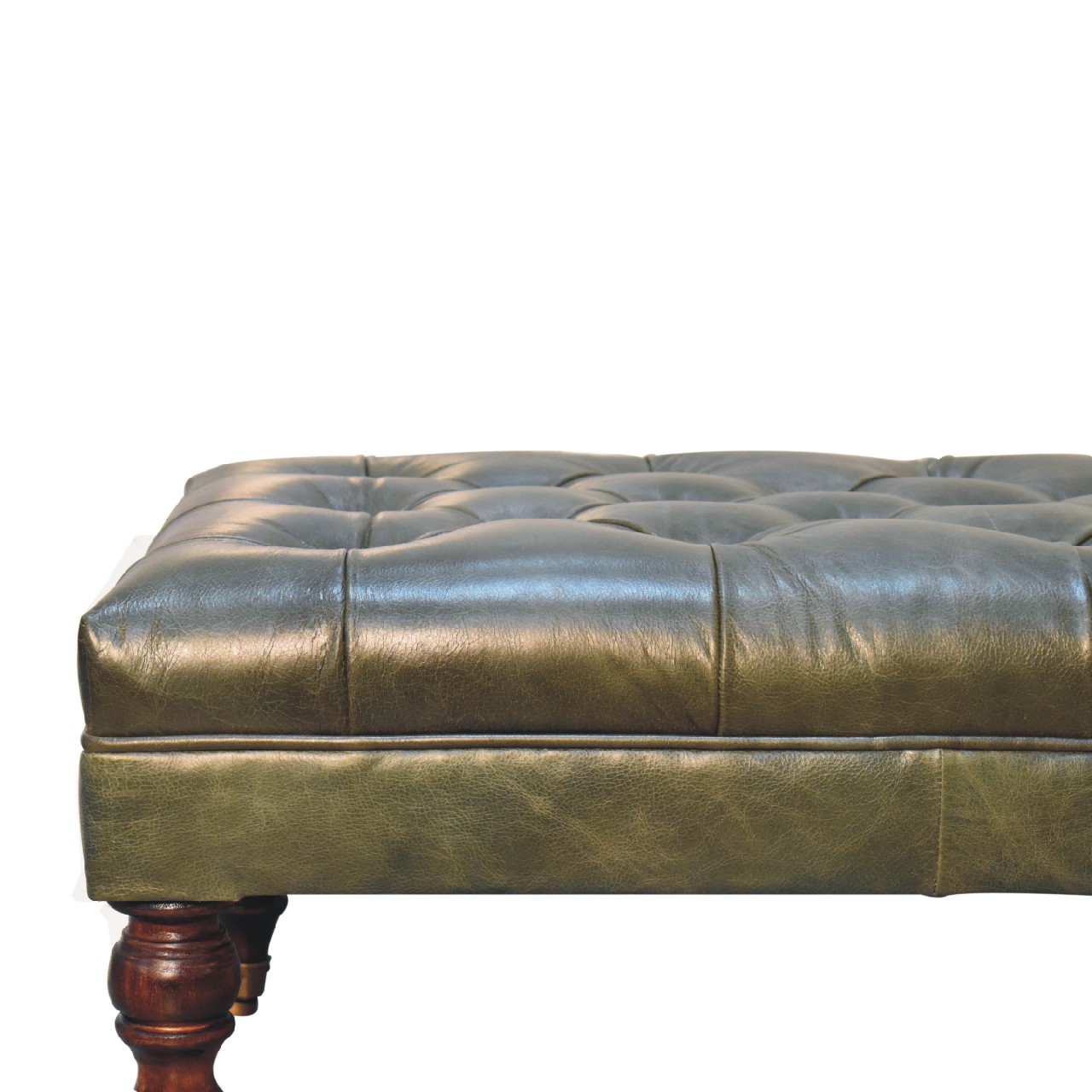 Solid Mango Wood Buffalo Green Leather Ottoman with Castor Legs - Image 4