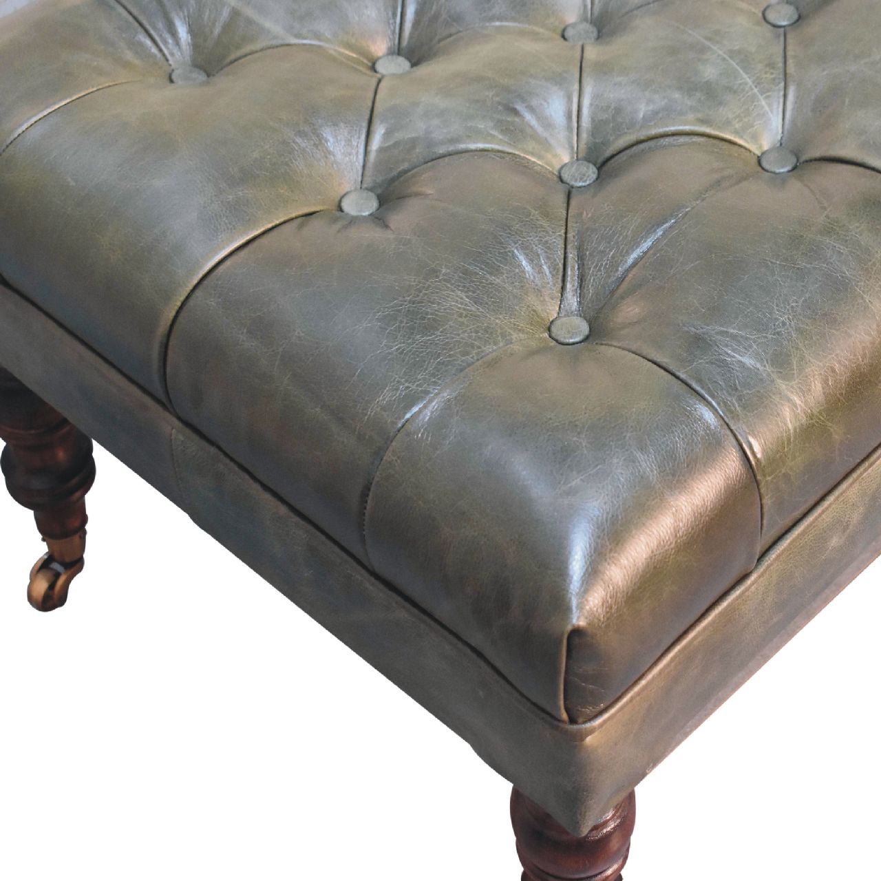 Solid Mango Wood Buffalo Green Leather Ottoman with Castor Legs - Image 5