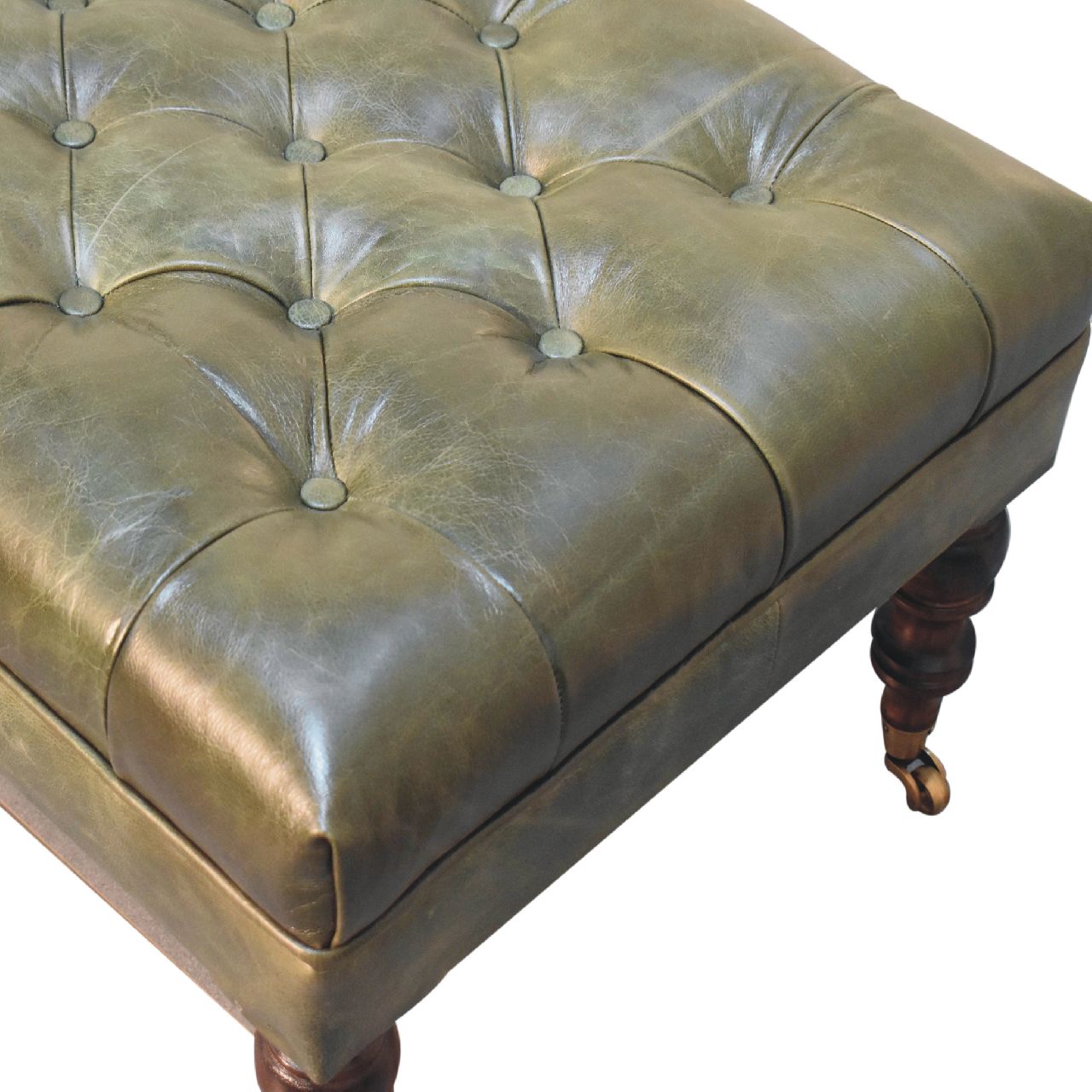 Solid Mango Wood Buffalo Green Leather Ottoman with Castor Legs - Image 6