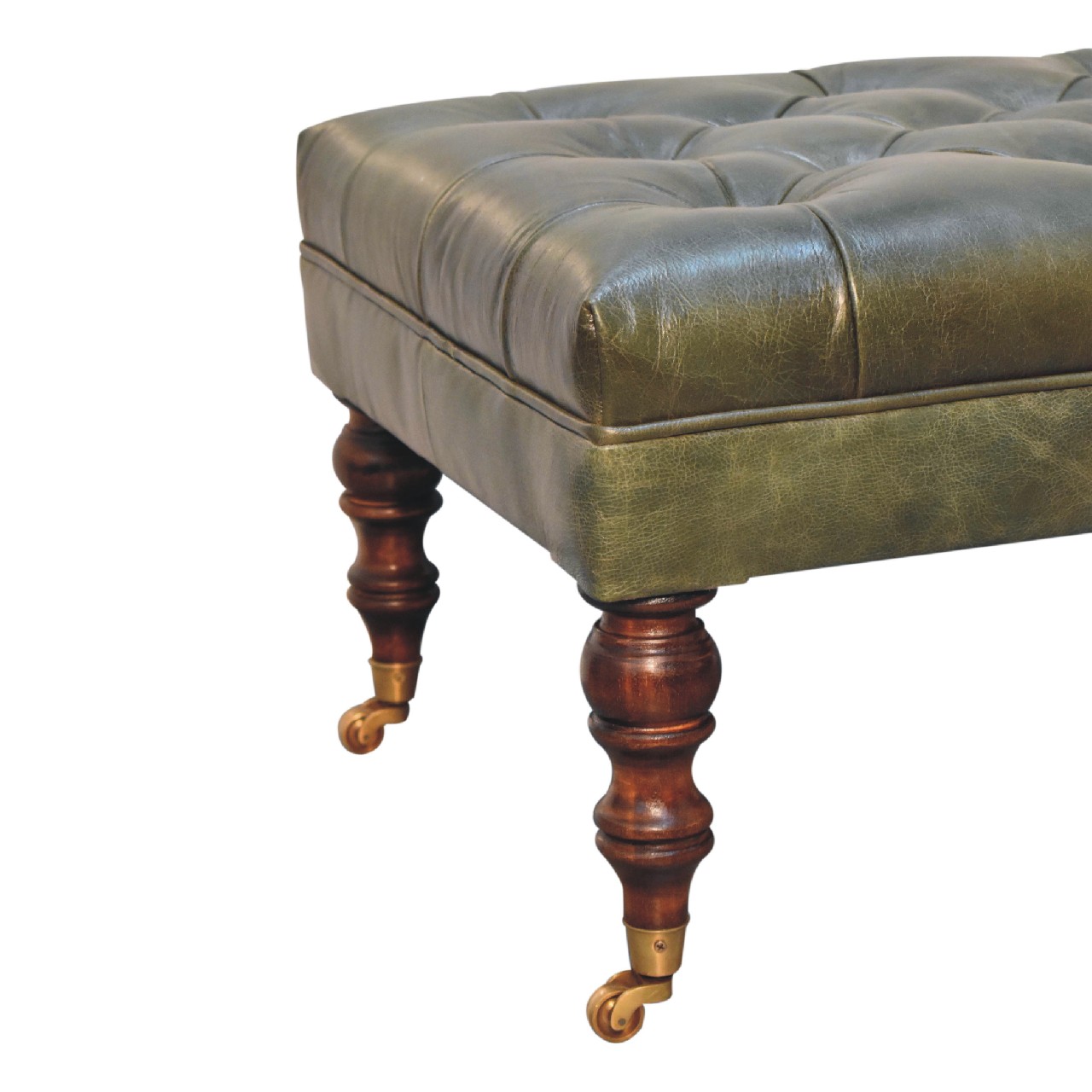 Solid Mango Wood Buffalo Green Leather Ottoman with Castor Legs - Image 7