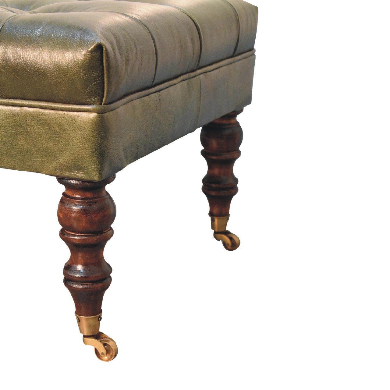 Solid Mango Wood Buffalo Green Leather Ottoman with Castor Legs - Image 8