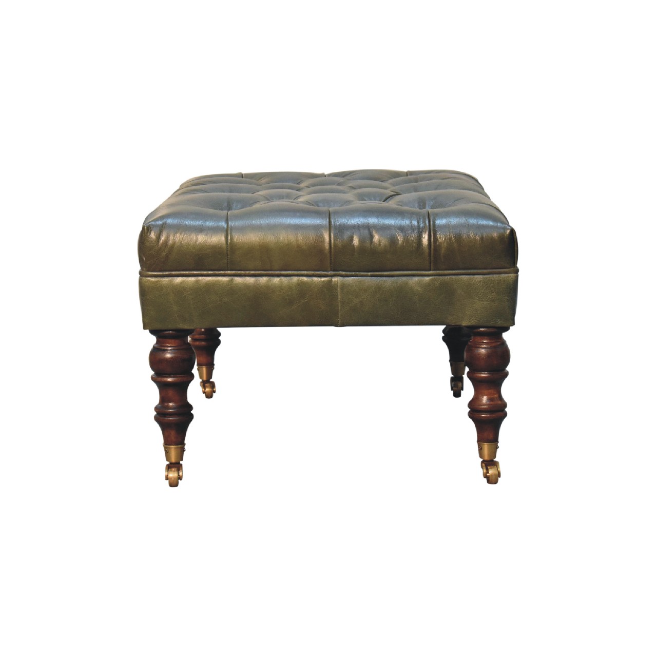Solid Mango Wood Buffalo Green Leather Ottoman with Castor Legs - Image 9