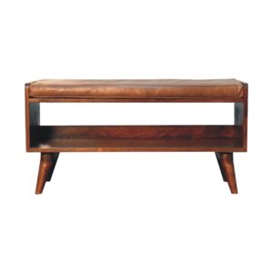 Solid Mango Wood Chestnut Bench with Brown Leather Seatpad
