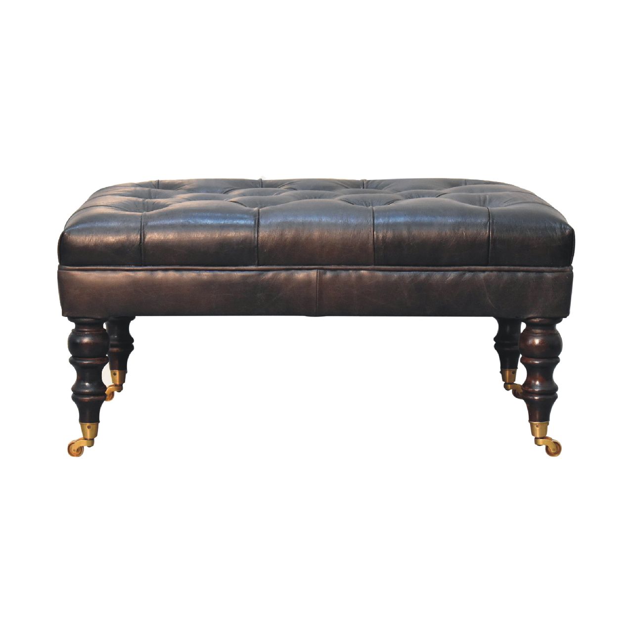 Solid Mango Wood Buffalo Ash Black Leather Ottoman with Castor Legs
