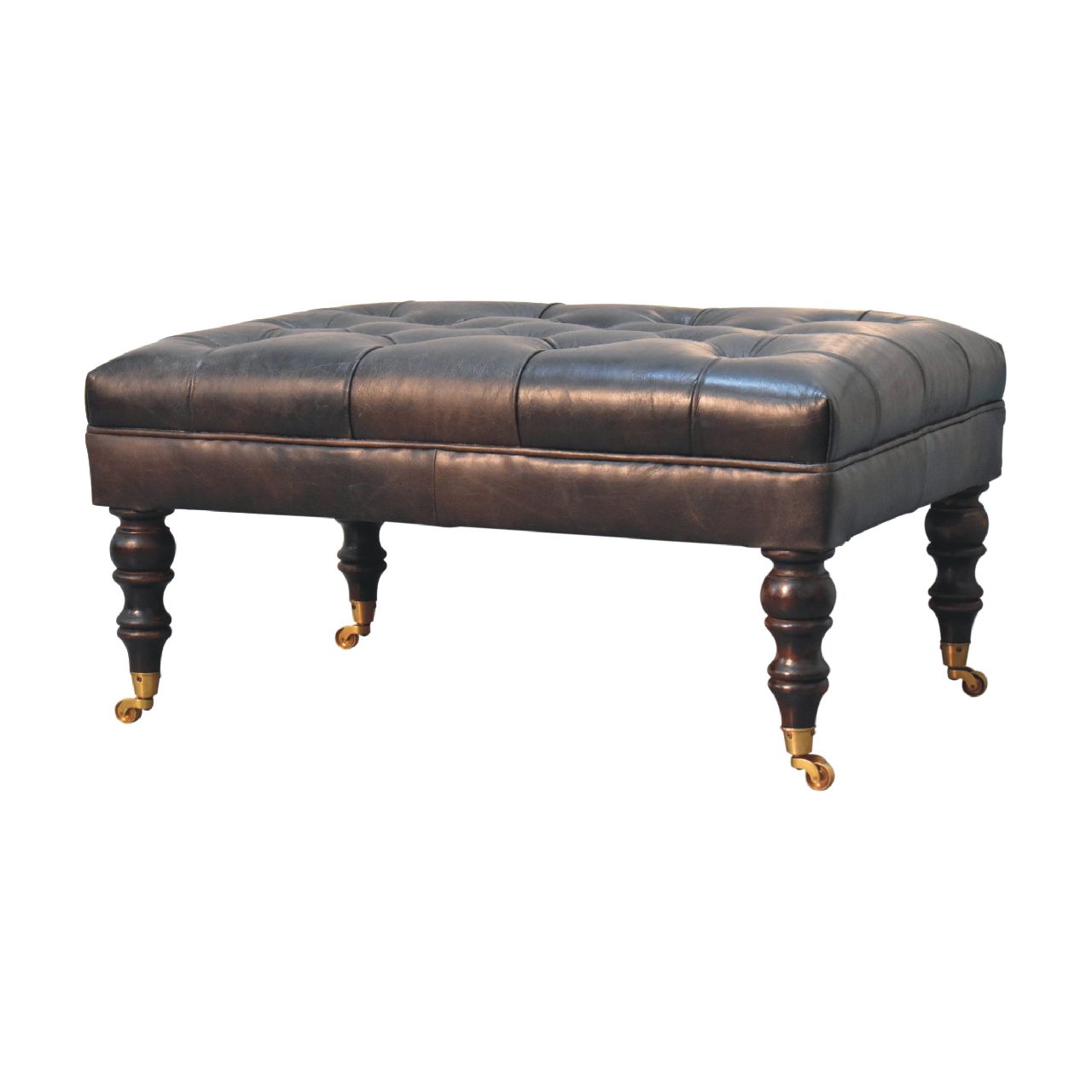 Solid Mango Wood Buffalo Ash Black Leather Ottoman with Castor Legs - Image 2