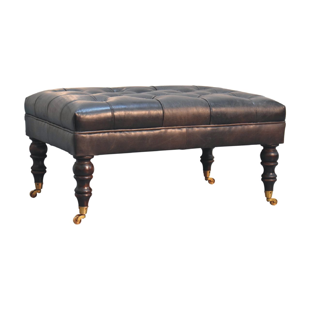 Solid Mango Wood Buffalo Ash Black Leather Ottoman with Castor Legs - Image 3