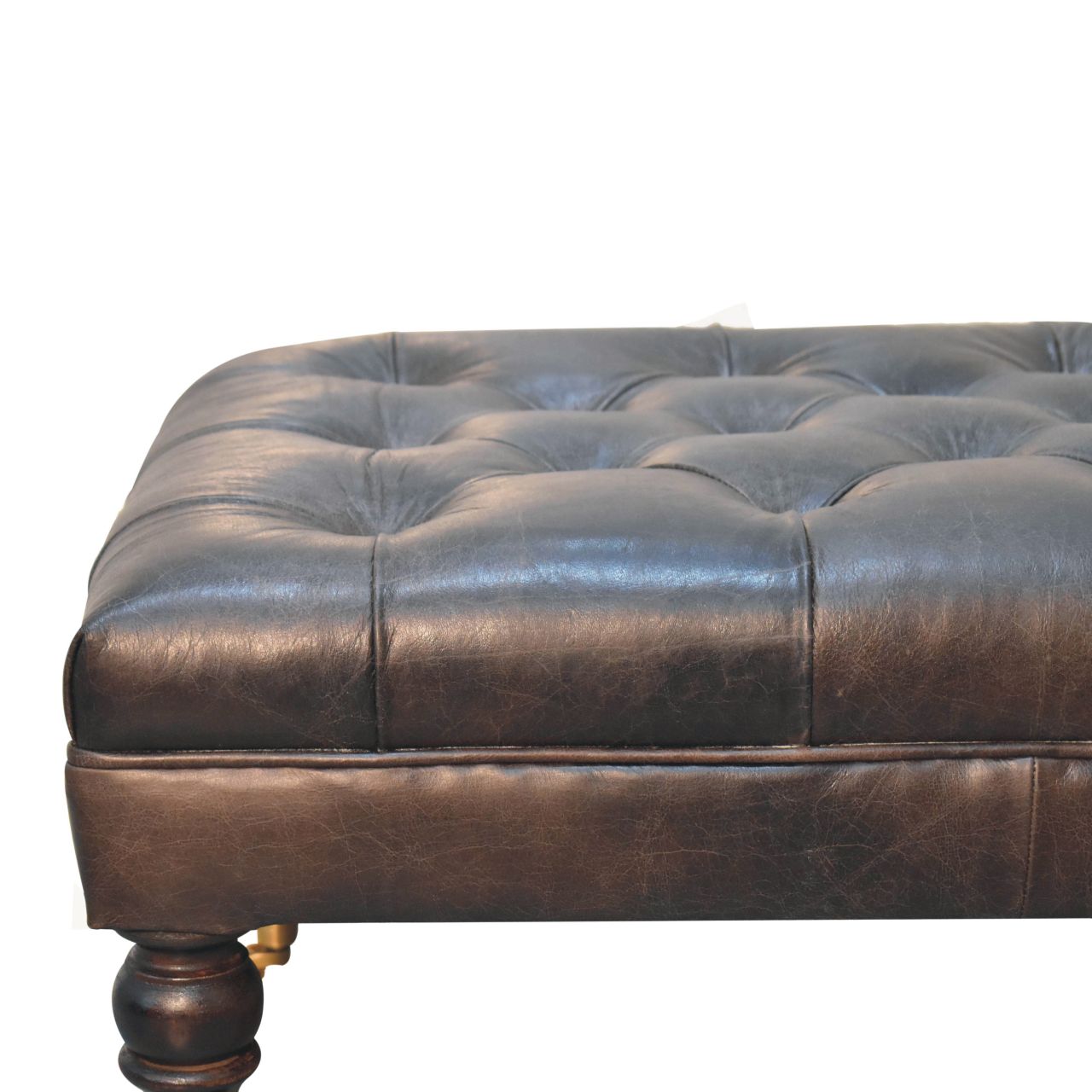 Solid Mango Wood Buffalo Ash Black Leather Ottoman with Castor Legs - Image 4