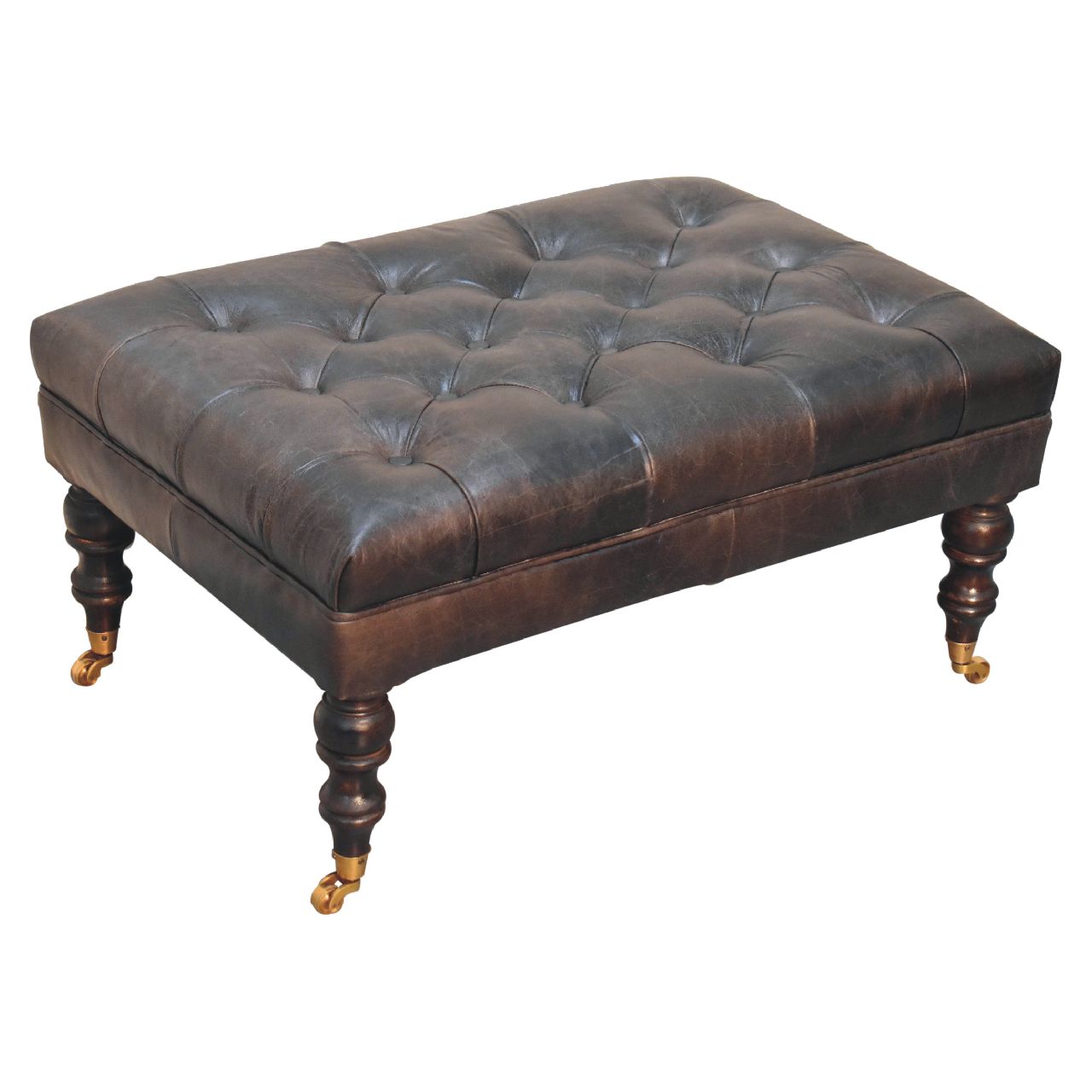 Solid Mango Wood Buffalo Ash Black Leather Ottoman with Castor Legs - Image 5