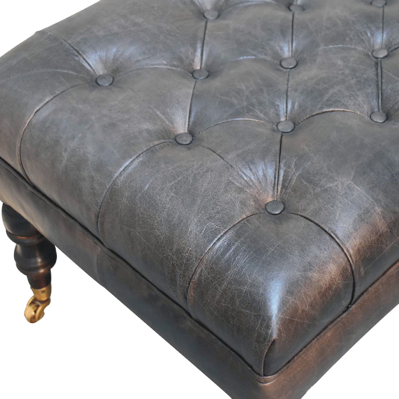 Solid Mango Wood Buffalo Ash Black Leather Ottoman with Castor Legs - Image 6