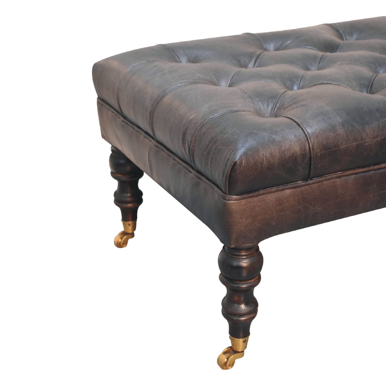 Solid Mango Wood Buffalo Ash Black Leather Ottoman with Castor Legs - Image 7
