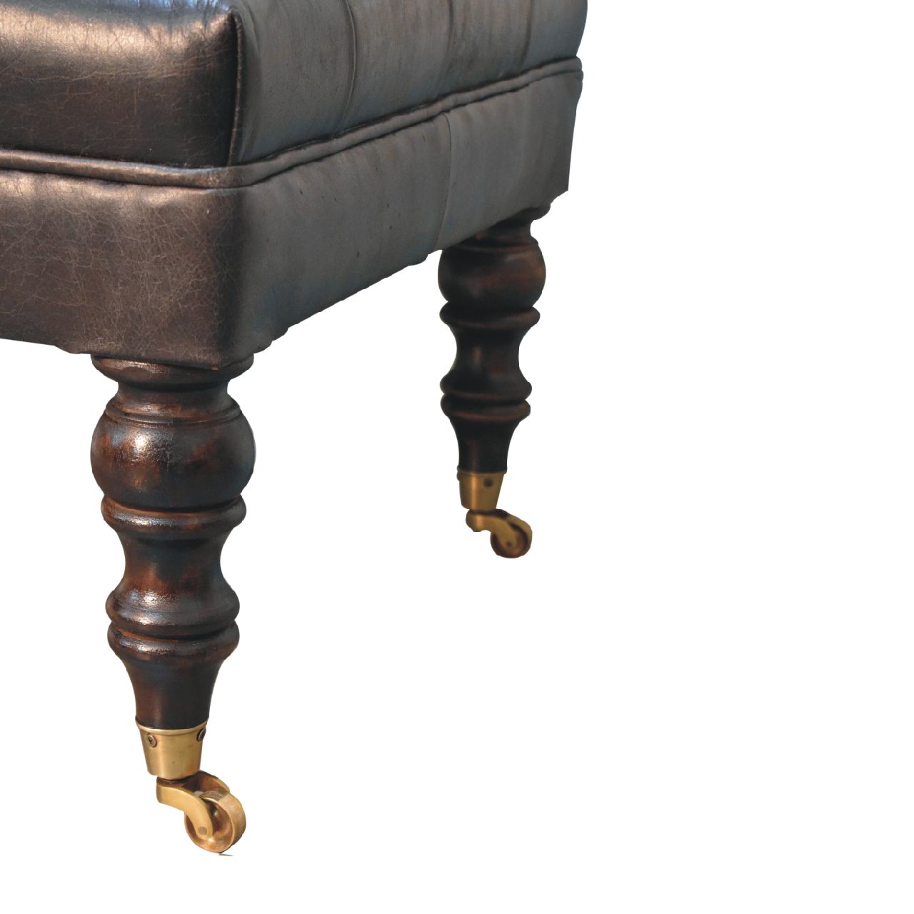 Solid Mango Wood Buffalo Ash Black Leather Ottoman with Castor Legs - Image 8