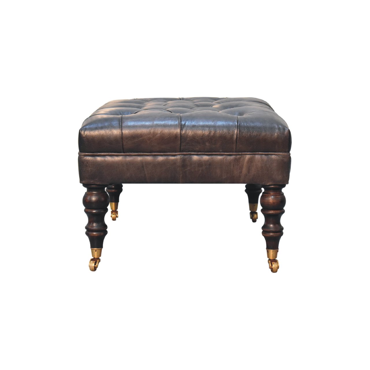 Solid Mango Wood Buffalo Ash Black Leather Ottoman with Castor Legs - Image 9