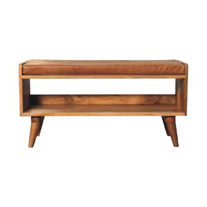 Solid Mango Wood Oak Finished Bench with Tan Leather Seatpad
