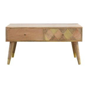 Solid Mango Wood Solid Mango Wood Oak Finished Gold Inlay 4 Drawer Coffee Table