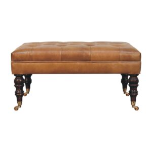 Solid Mango Wood California Walnut Buffalo Brown Leather Ottoman with Castor Legs
