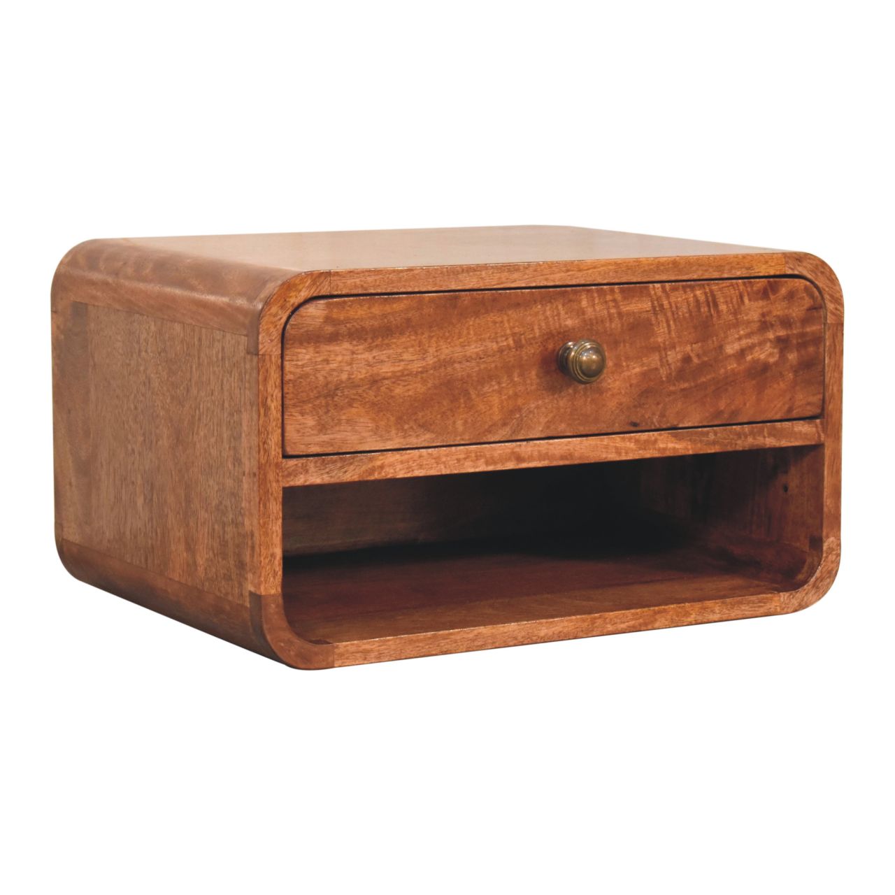 Solid Mango Wood Curved Honey Caramel Wall Mounted Bedside with Open Slot