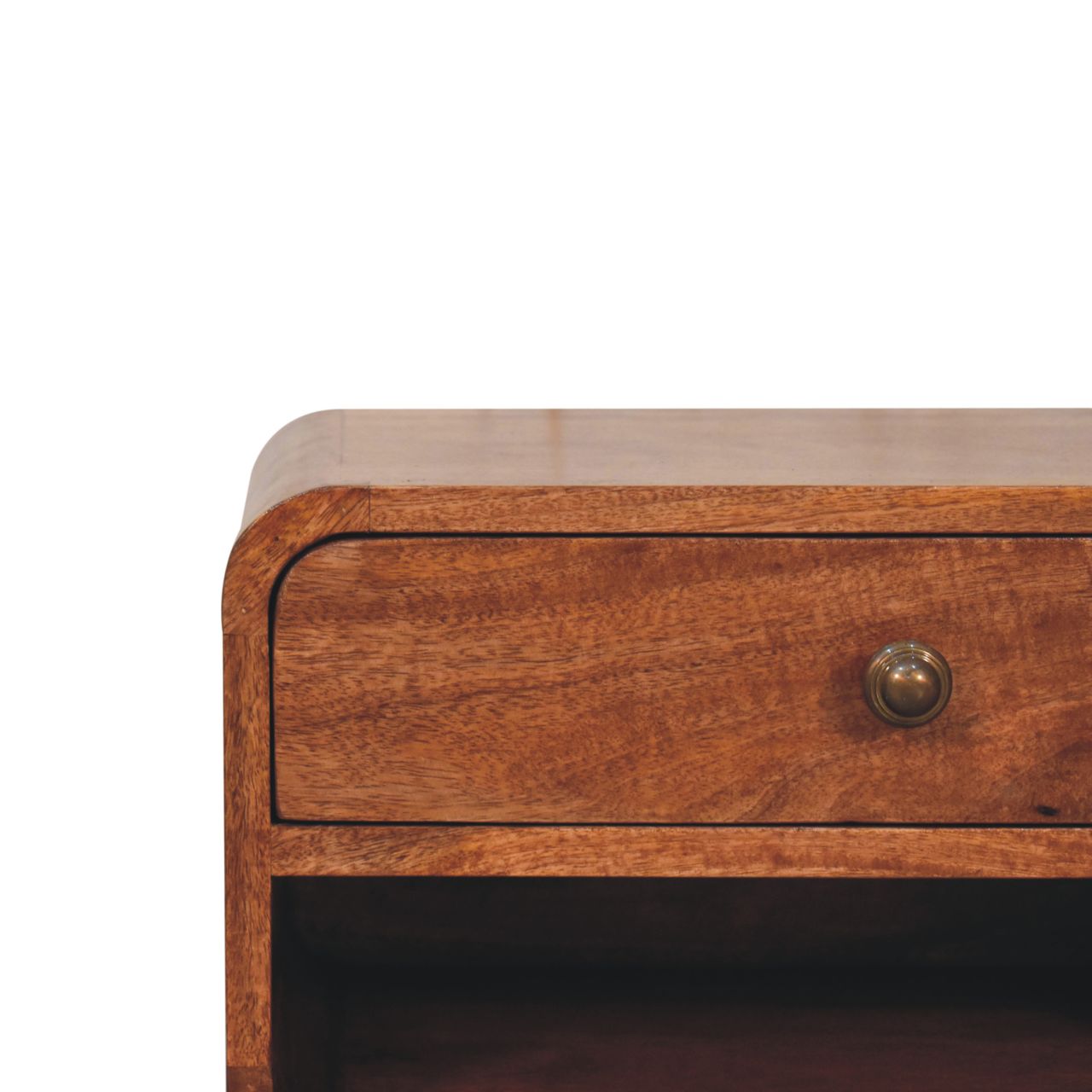 Solid Mango Wood Curved Honey Caramel Wall Mounted Bedside with Open Slot - Image 3
