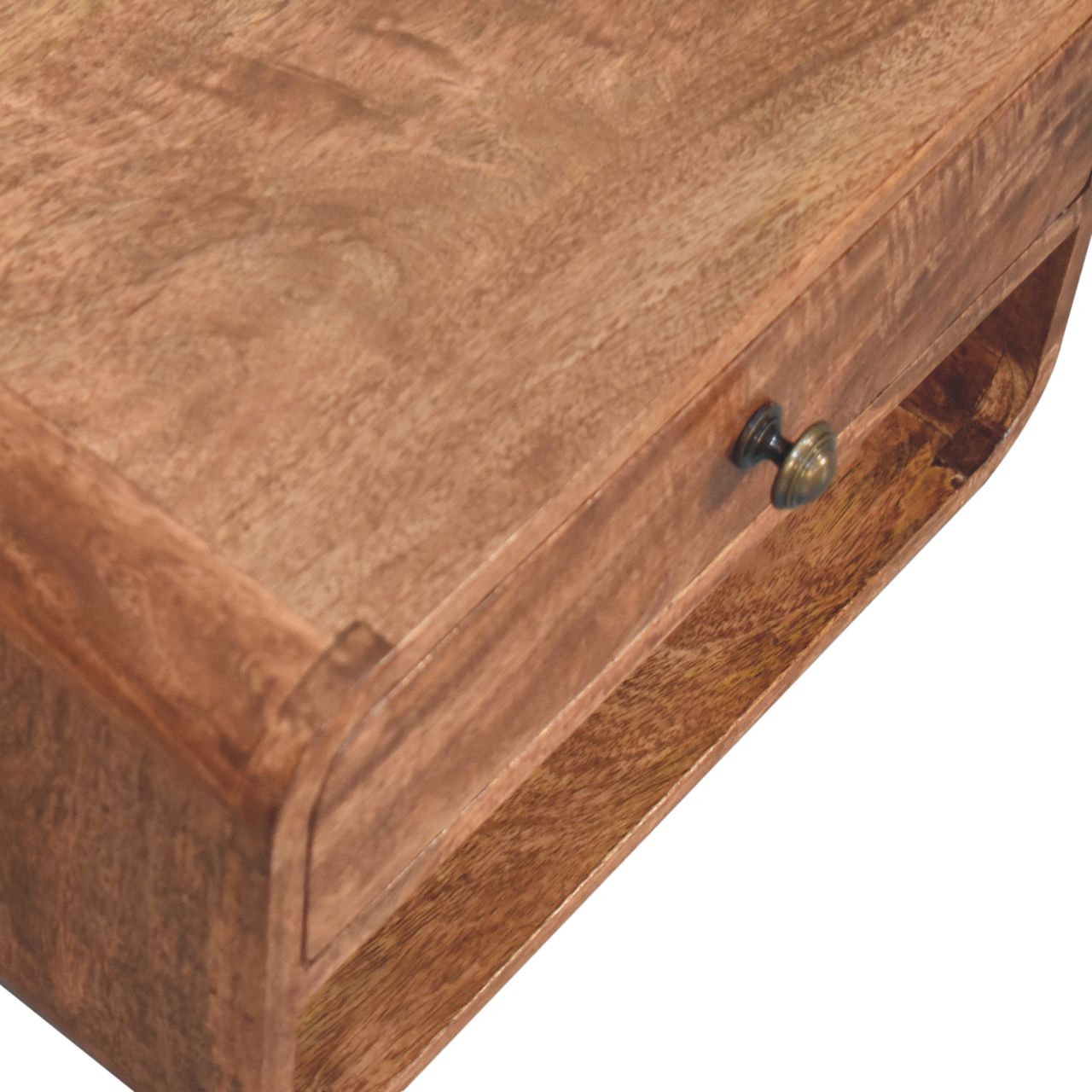 Solid Mango Wood Curved Honey Caramel Wall Mounted Bedside with Open Slot - Image 4