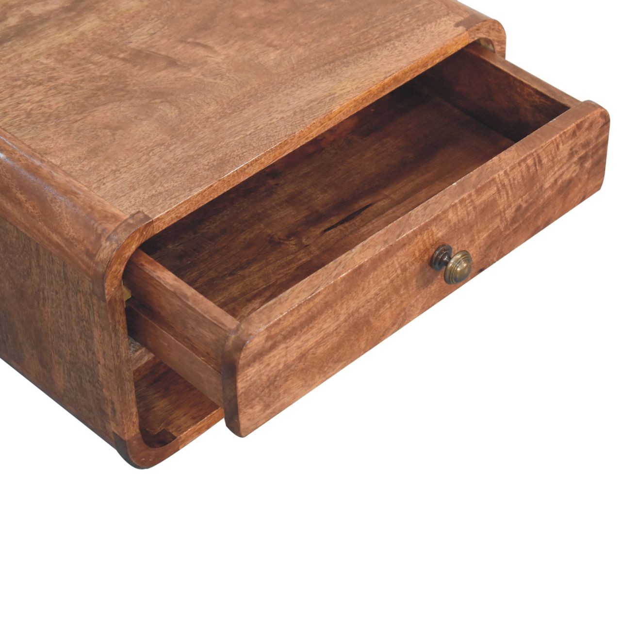 Solid Mango Wood Curved Honey Caramel Wall Mounted Bedside with Open Slot - Image 5