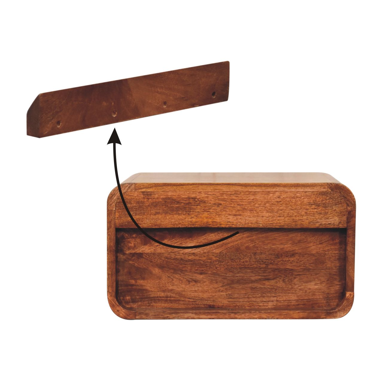 Solid Mango Wood Curved Honey Caramel Wall Mounted Bedside with Open Slot - Image 8
