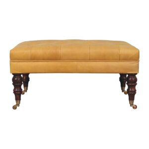 Solid Mango Wood Honey Caramel Buffalo Tan Leather Ottoman with Castor Legs
