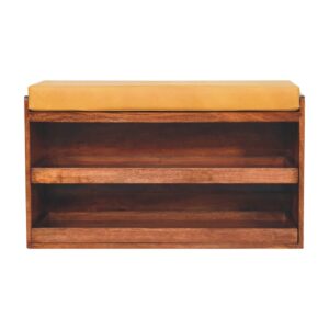 Solid Mango Wood Buffalo Hide Pull out Honey Caramel Shoe Storage Bench
