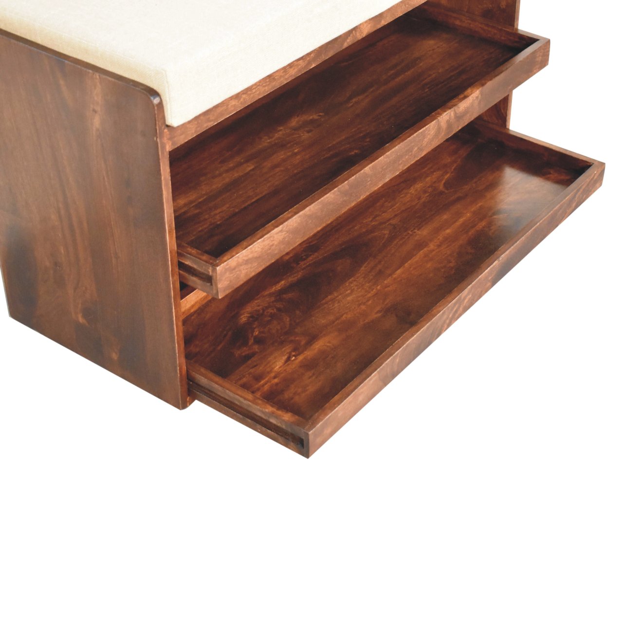 Solid Mango Wood California Walnut & Mud Linen Pull out Shoe Bench - Image 6