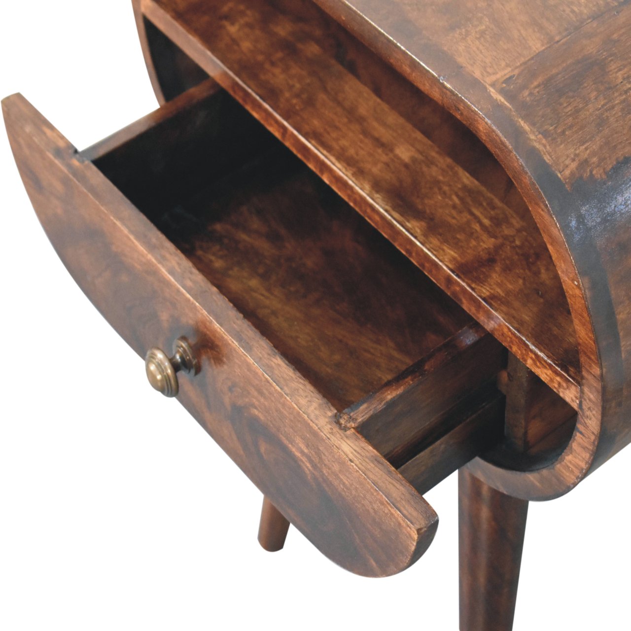 Solid Mango Wood California Walnut Circular Bedside with Open Slot - Image 7