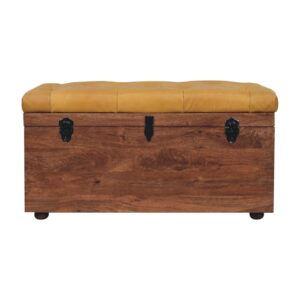 Solid Mango Wood Buffalo Hide Honey Caramel Storage Trunk