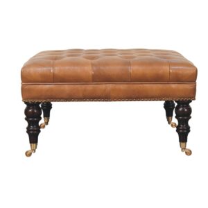 Solid Mango Wood Studded Buffalo Tan Leather Ottoman with Castor Legs