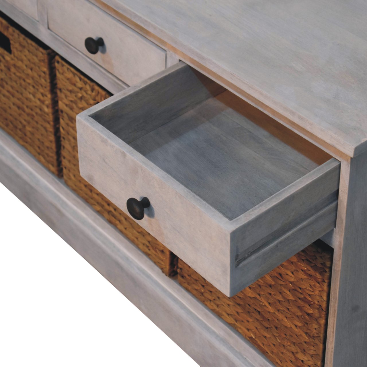 Solid Mango Wood Acid Wash Basket Storage Cabinet - Image 7