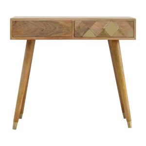 Solid Oak Finished Scandinavian Style Brass Geometric Drawer Front Desk
