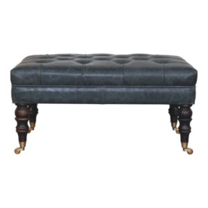 Solid Mango Wood Buffalo Teal Leather Ottoman with Castor Legs
