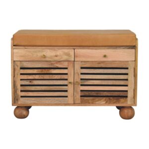 Solid Mango Wood Shutter Oak Finished Shoe Rack with 2 drawers
