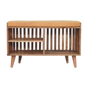 Solid Mango Wood Slatted Oak Finished Bench with 3 slots