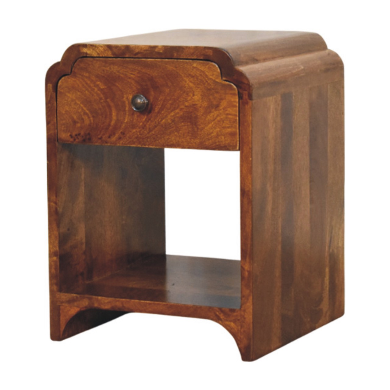Mango Wood Newton Mini Chestnut Nightstand with a drawer and open shelf