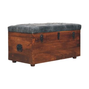 Solid Mango Wood Black Buffalo hide leather Storage Trunk