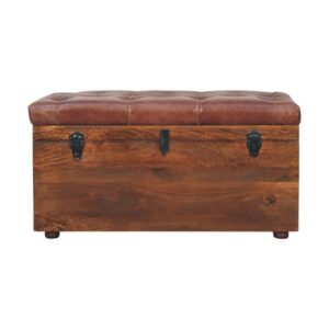 Solid Mango Wood Brown Buffalo hide leather Storage Trunk