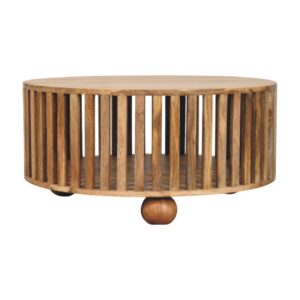 Solid Mango Wood Slatted Round Oak Finished Coffee Table