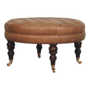Solid Mango Wood Brown Buffalo Leather Round Ottoman with Castor Legs