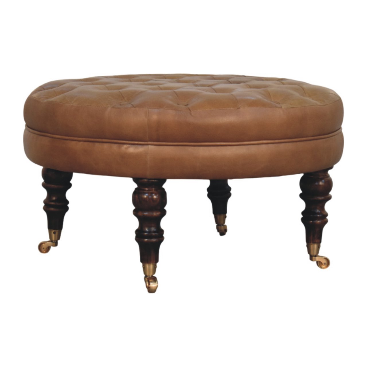 Solid Mango Wood Brown Buffalo Leather Round Ottoman with Castor Legs - Image 8