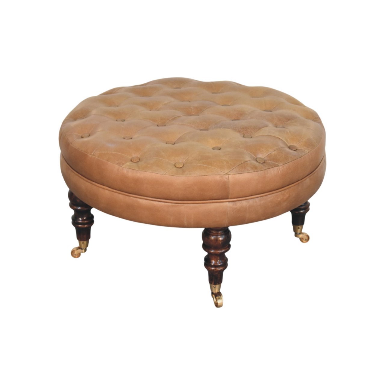 Solid Mango Wood Brown Buffalo Leather Round Ottoman with Castor Legs - Image 3