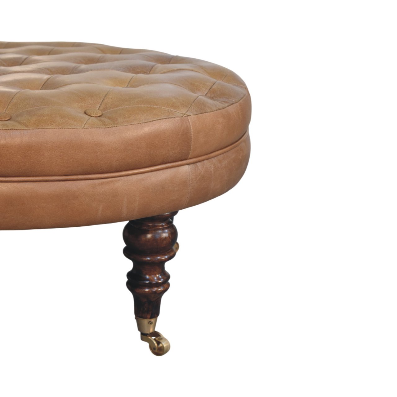 Solid Mango Wood Brown Buffalo Leather Round Ottoman with Castor Legs - Image 2