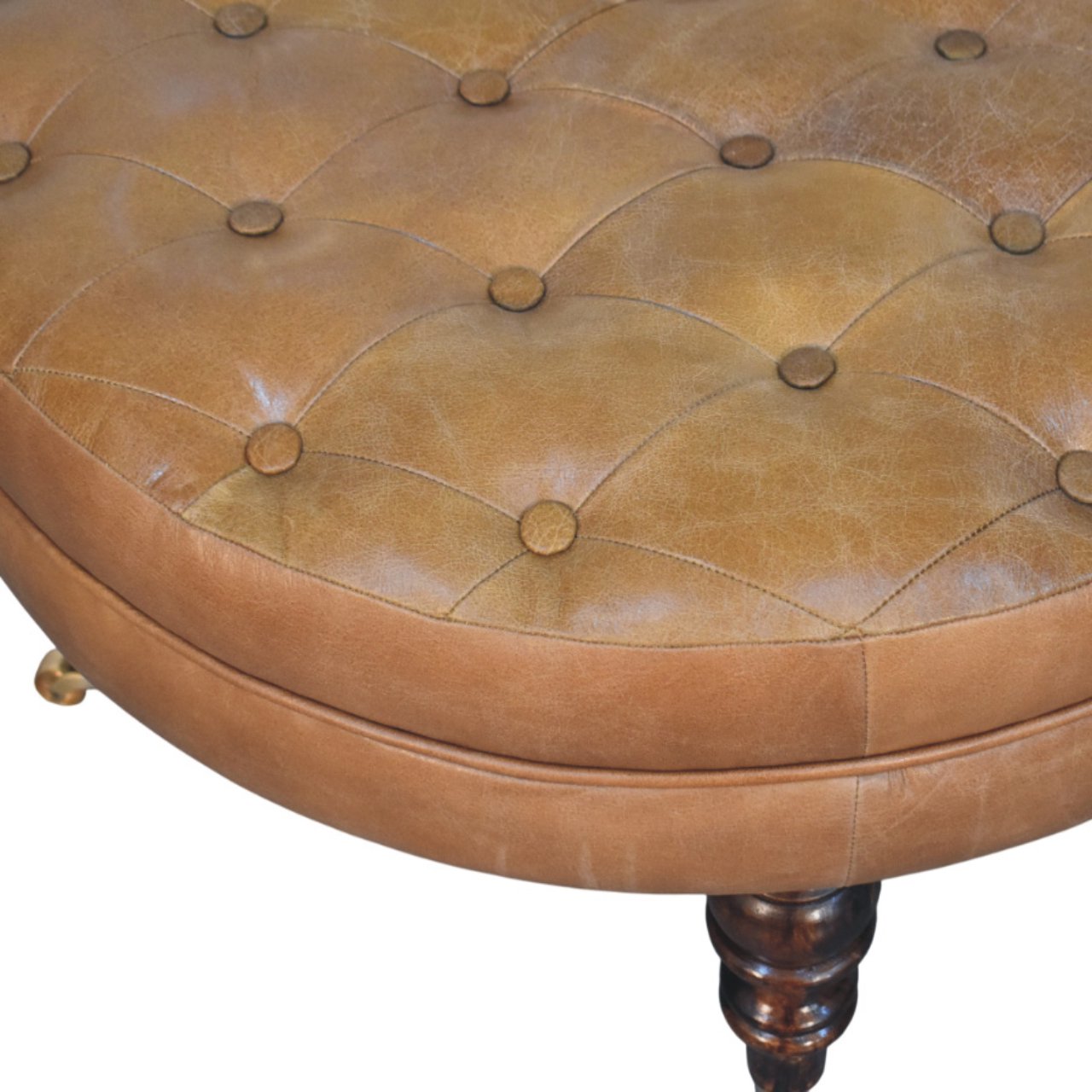 Solid Mango Wood Brown Buffalo Leather Round Ottoman with Castor Legs - Image 4
