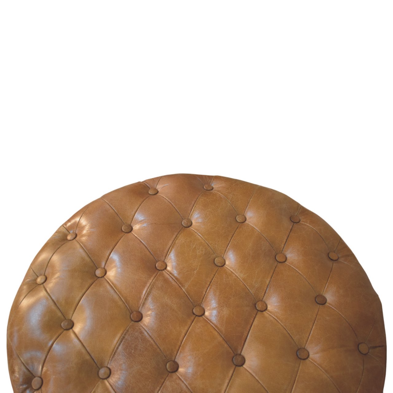 Solid Mango Wood Brown Buffalo Leather Round Ottoman with Castor Legs - Image 5