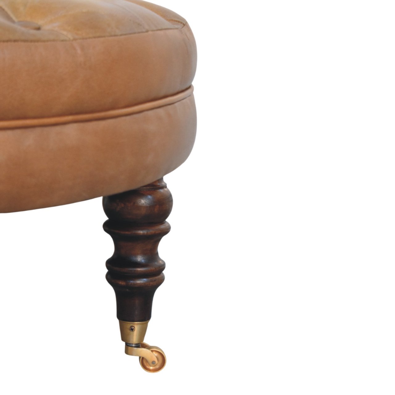 Solid Mango Wood Brown Buffalo Leather Round Ottoman with Castor Legs - Image 6
