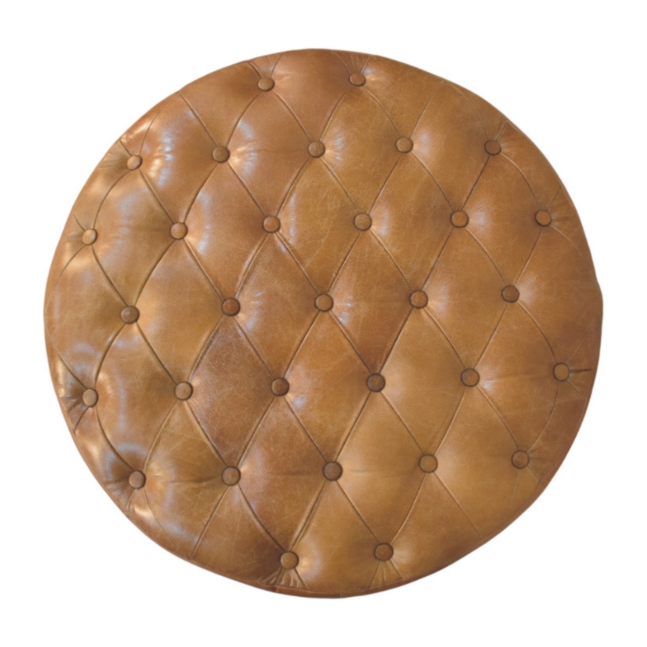 Solid Mango Wood Brown Buffalo Leather Round Ottoman with Castor Legs - Image 7