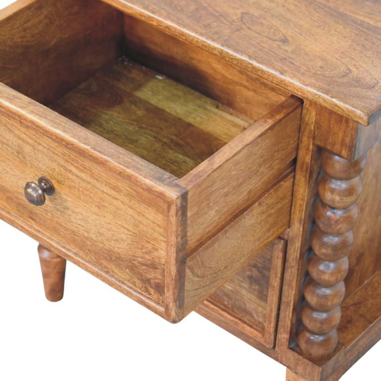 Mango Wood Spindle Leg Amber Oak Nightstand - Image 4