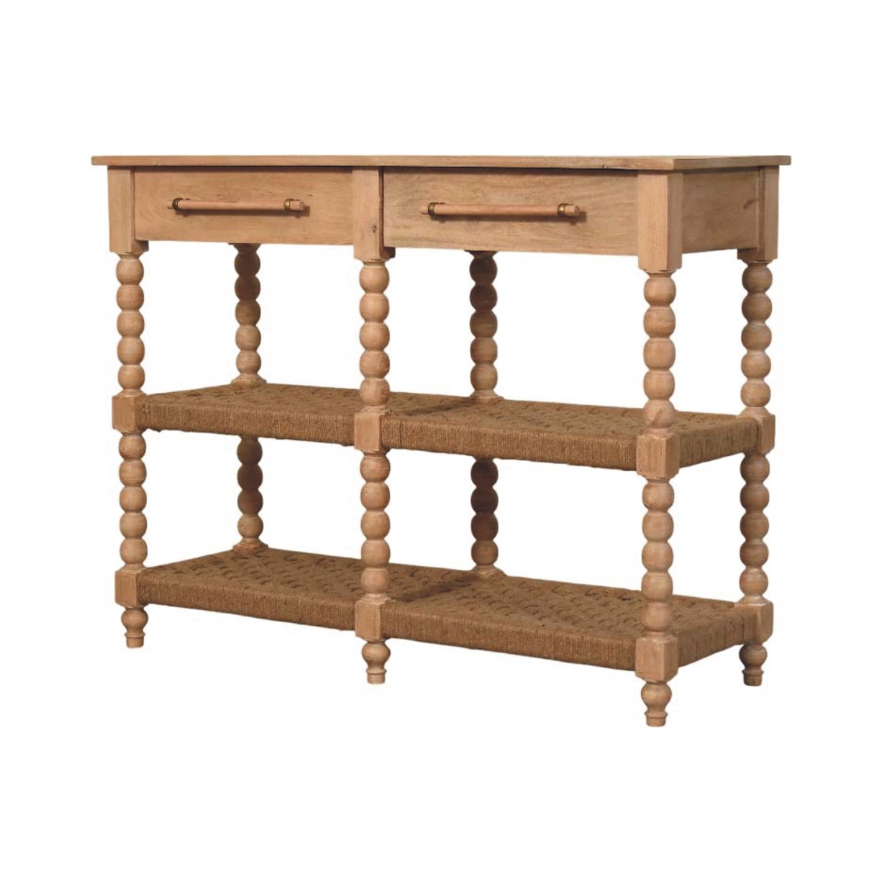 Solid Mango Wood Savoy Bobbin Console with Jute Shelves - Image 2
